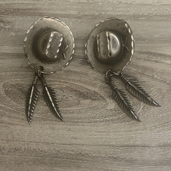 Jewelry - Silver Western Hat Earrings with Feather Charms